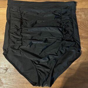 High Waisted Black Retro Ruched Tummy Control Swimsuit Bikini Bottom Sz Large